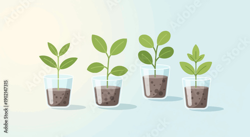 Four small green plants grow in clear pots with soil, indicating growth