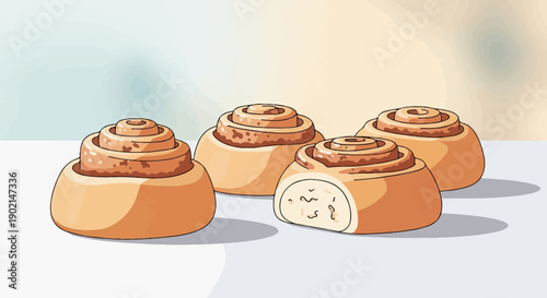 Four sweet pastry rolls with cinnamon filling and light icing on white surface