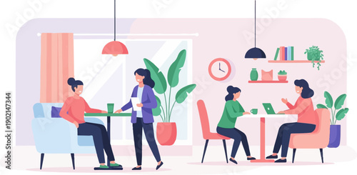 Four women in casual attire collaborate in a bright, modern indoor space