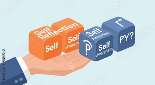 Hand holding cubes labeled "Self Reflection" and "Self Awareness", asking "WHY?