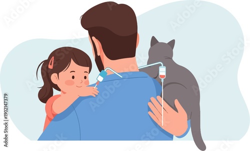 Girl hugs father receiving iv drip, cat looks on