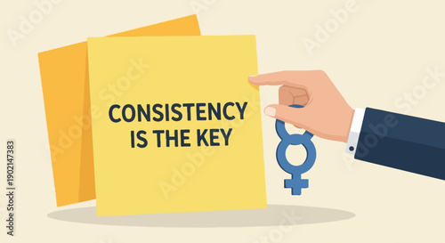 Hand holding female symbol key, sticky notes with text