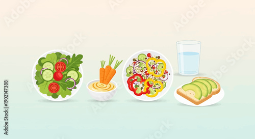 Fresh and healthy food spread with salads, dips, toast, and water