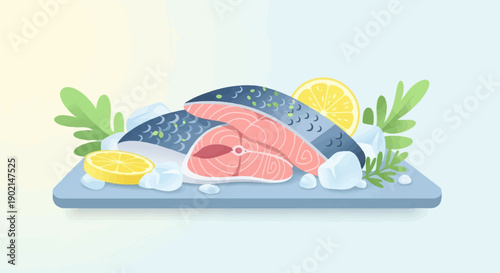 Freshly sliced fish steaks served on ice with lemon and herbs
