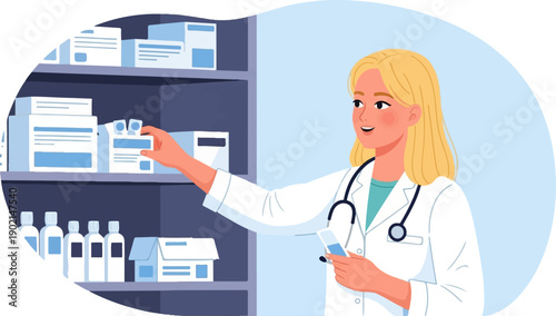 Friendly blonde pharmacist in lab coat arranging medicine boxes on shelves