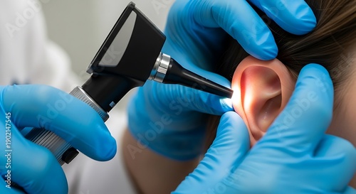 Doctor examines ear with otoscope ear examination medical