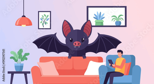 Friendly cartoon bat surprises man using tablet at home