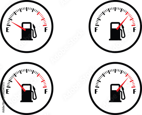 Fuel gauge indicator icons showing gasoline level measurement dashboard warning symbols for vehicle automotive interface vector illustration design