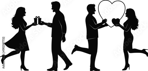 Silhouette couple exchanging gifts and heart symbol on white background woman