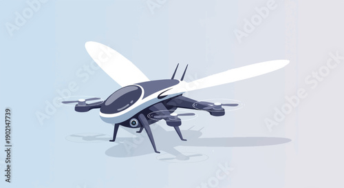 Futuristic drone with insect-like wings and propellers on a light blue background