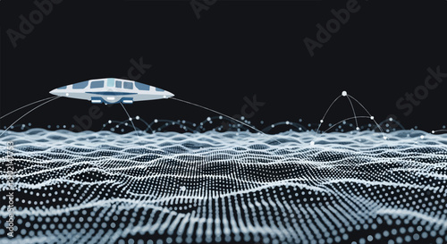 Futuristic craft hovers over a shimmering digital landscape of data points