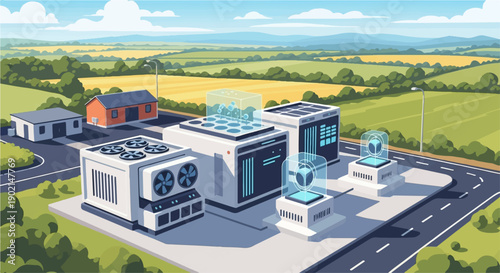 Futuristic industrial facility with modern machinery and rural backdrop