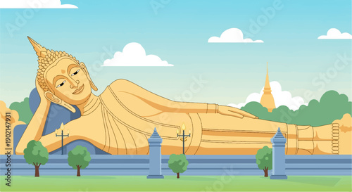 Giant golden reclining Buddha statue under a blue sky with clouds