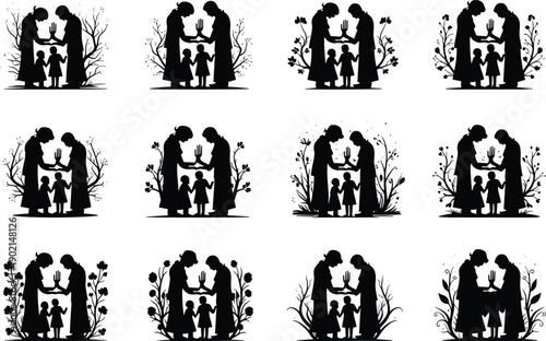 Silhouette of family with two parents and two children holding hands during a wedding ceremony