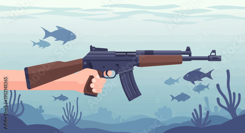 Hand holds rifle underwater, surrounded by fish and coral formations