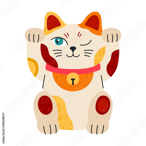 Lucky cat, Maneki neko. Japanese figurine, cute cartoon Asian character, fortune symbol. White porcelain kitten with waving paws, symbol of money, prosperity and wealth. 