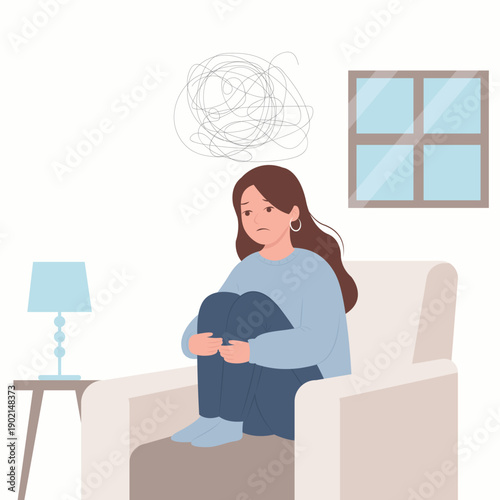 Flat vector illustration of a woman sitting alone with a tangled thought cloud above her head, symbolizing anxiety, overthinking, and mental stress. 