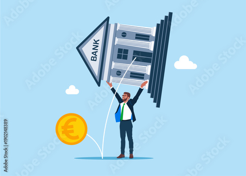 Upset Businessman Shaking Empty Bank with No euro money inside. Bankruptcy, Investment Decrease, Budget Deficit. Modern vector illustration in flat style