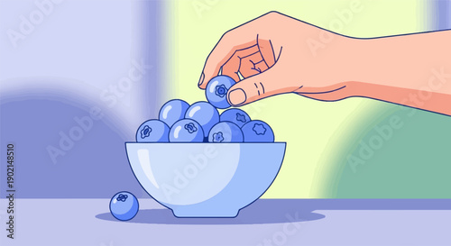 Hand picking blueberries from a bowl against a gradient background