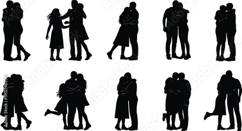 Silhouettes of couples embracing and walking in various poses black