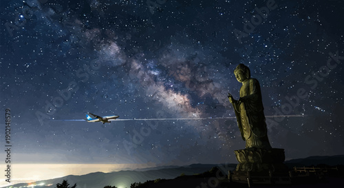 Giant Buddha statue under starry night sky with airplane flying