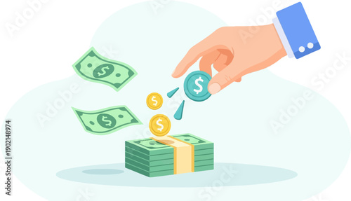 Hand placing coin on stack of cash, bills floating