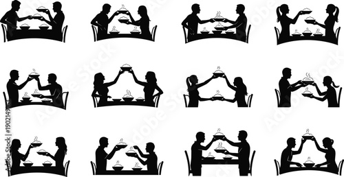 Silhouettes of people sharing food at a table in various arrangements