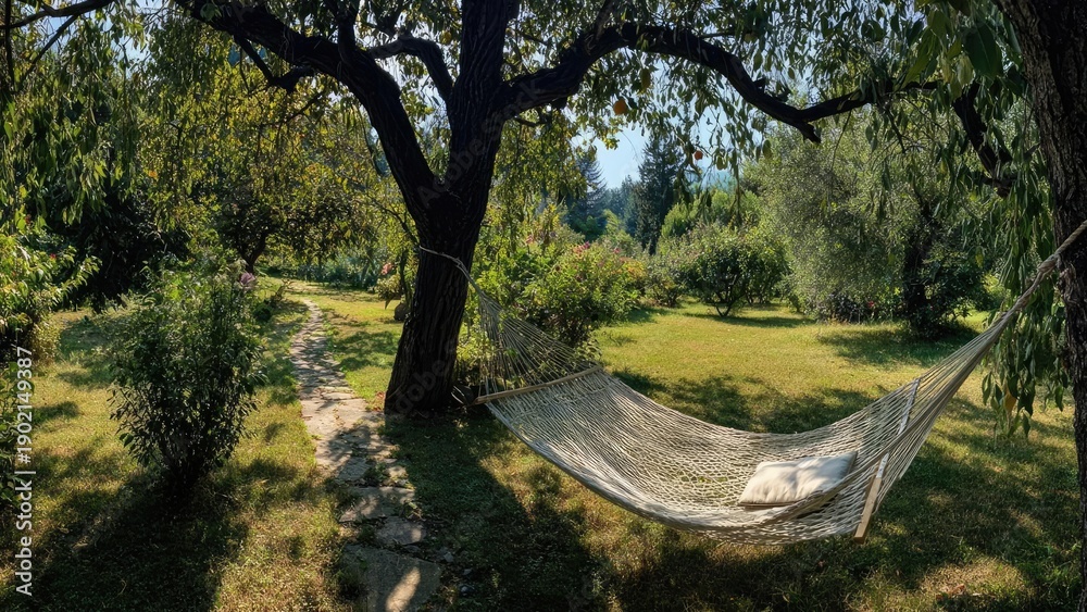 Naklejka premium A white woven hammock hangs between two trees in a sunlit garden, with a stone path and lush green lawn. Concept Garden Hammock Photo Shoot, Sunlit Garden, White Woven Hammock, Stone Path