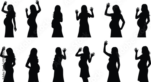 Silhouettes of pregnant women with raised hands in various poses pregnancy black and white