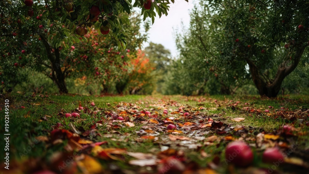 Fototapeta premium An apple orchard in autumn, with ripe red apples on the trees and fallen apples scattered across the ground. Concept Autumn apple orchard, Ripe red apples on trees, Fallen apples on ground