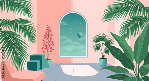 Interior with plants, arch window, and cosmic view