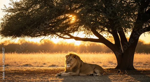 Majestic lion rests peacefully under a large tree at sunset