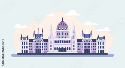 Grand building with domed roof and spires, flat illustration