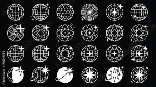 Retro Y2K Globe Logo with Minimal 2000s and 70s Graphic Style, Holographic Poster Design Featuring Stars and Groovy Forms for Global Badge, Decorative Banner, and Isolated Vector Elements