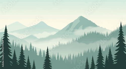 Layered mountains and pine trees shrouded in mist