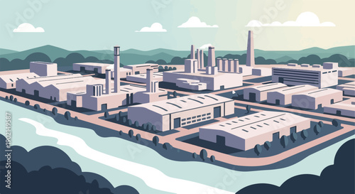 Geometric industrial complex by a winding river under a pastel sky