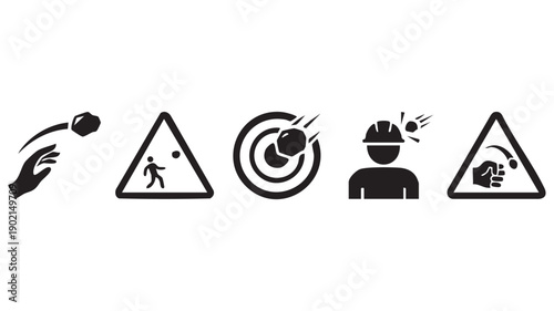 Set of warning signs for throwing stones, falling objects, head injury, and impact hazard in black vector art