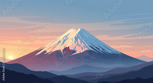Majestic snow-capped mountain peak bathed in warm sunset glow