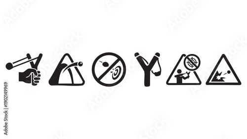 Slingshot and projectile icons with aim prohibition and impact symbols