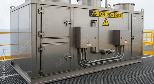 Large metal industrial unit on a platform near the sea