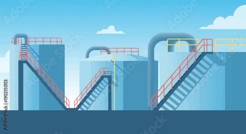 Large industrial storage tanks with access stairs and pipelines under a clear sky