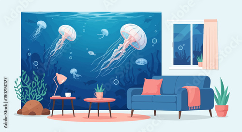 Interior scene with a large aquarium filled with jellyfish and fish