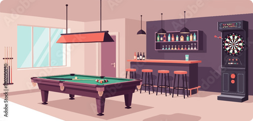 Interior of a recreational room with pool table, bar, and dartboard