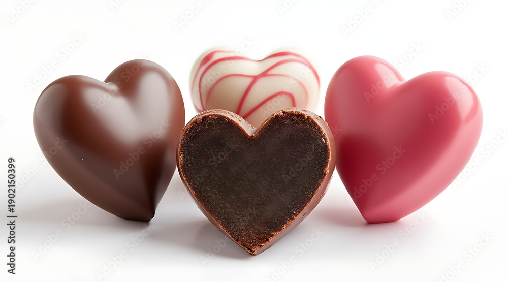 Fototapeta premium Luxury heart shaped chocolate pralines glossy assortment with one bitten showing rich filling, romantic confection gift for celebration