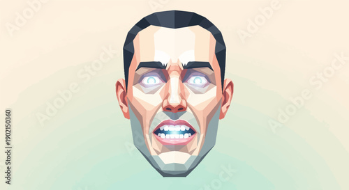 Intense, stylized low-poly portrait of a man's face with glowing eyes