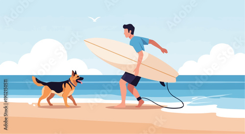 Man carrying surfboard meets dog on a sunny beach