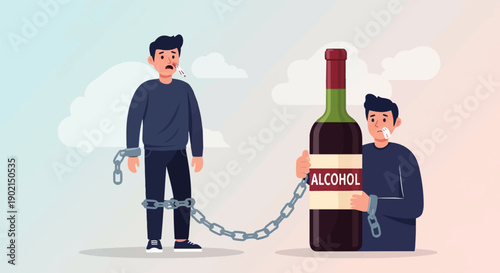 Man chained to a bottle of alcohol, representing addiction