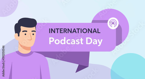 Man celebrates International Podcast Day with purple and blue abstract background