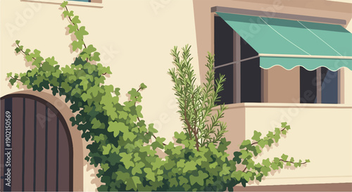 Green foliage cascades over a rustic door and a sunlit building facade