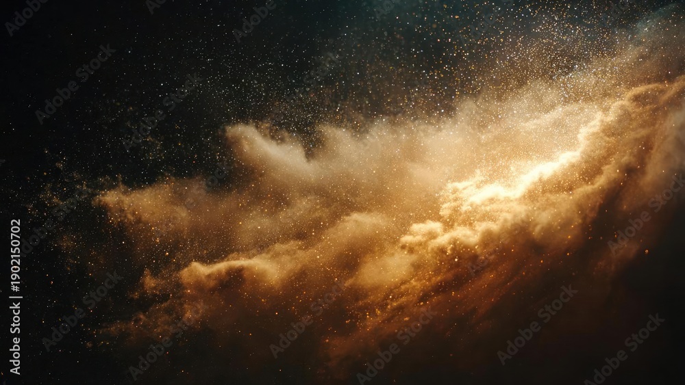 Fototapeta premium A luminous golden nebula in space, a cloud of dust and stars glowing against the dark cosmos. Concept Golden Nebula Glow, Cosmic Dust Cloud, Starry Glimmer in Darkness, Ethereal Space Light